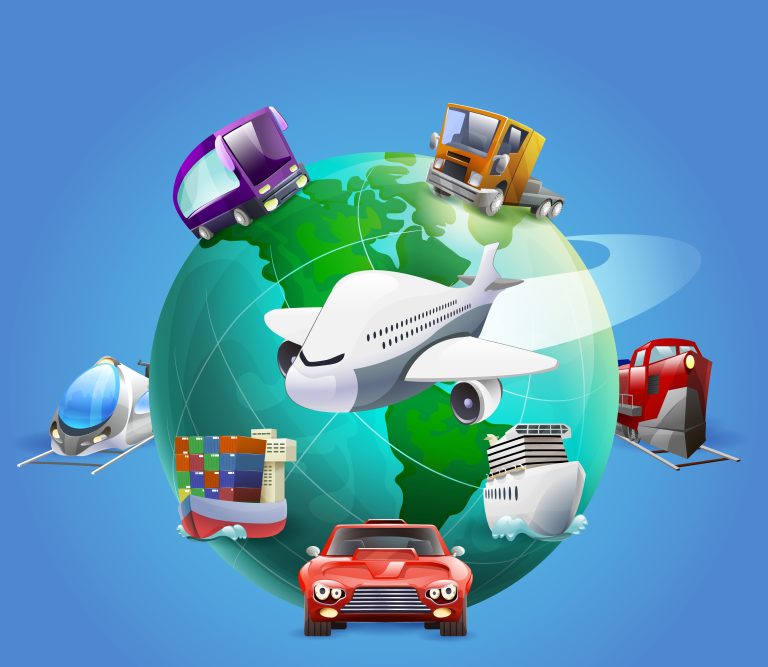 Fast delivery cartoon concept with globe plane car and ship on blue background vector illustration