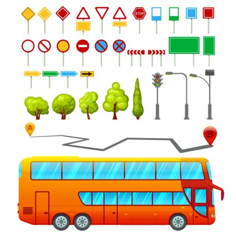 City transport elements set with public bus road signs trees traffic lights and navigation route isolated vector illustration